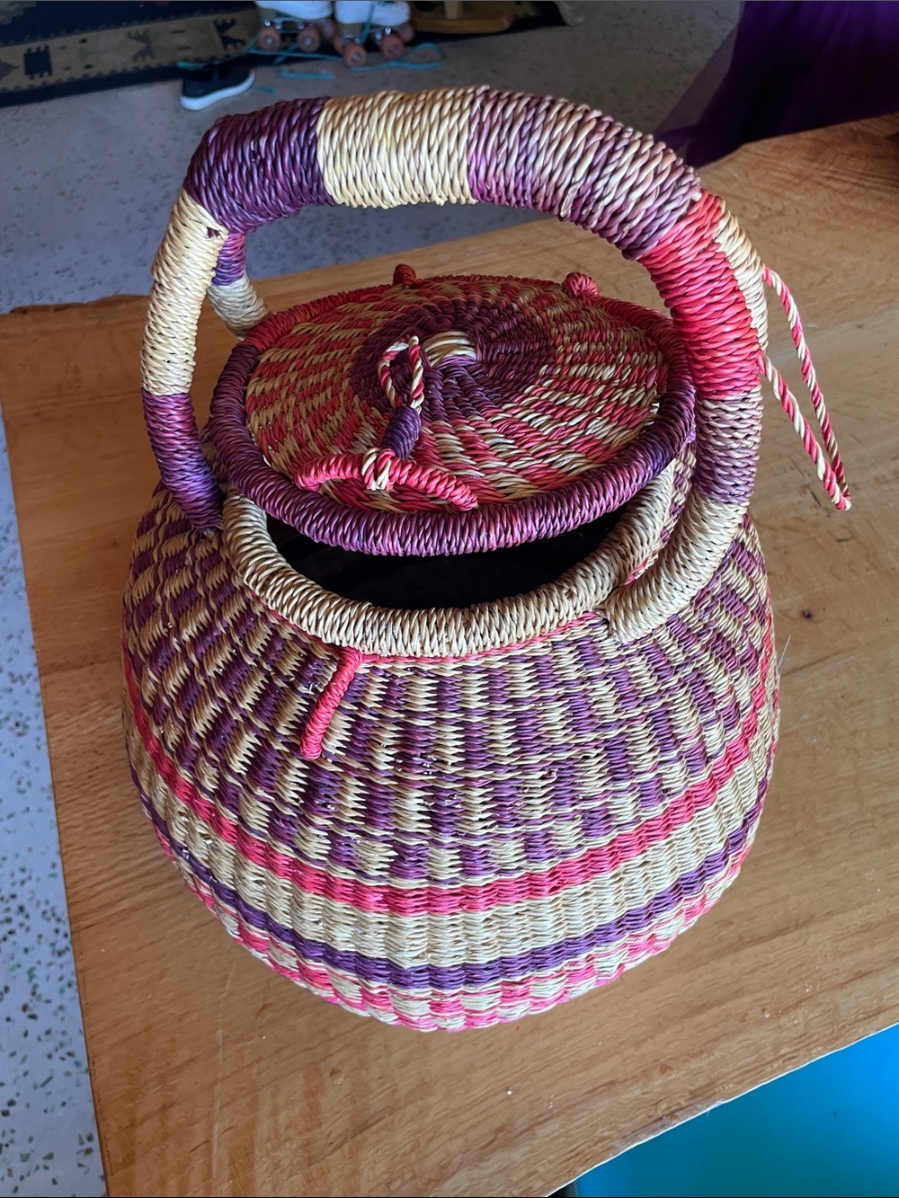 Handwoven Straw Basket Handbag in Natural, Pink & Purple